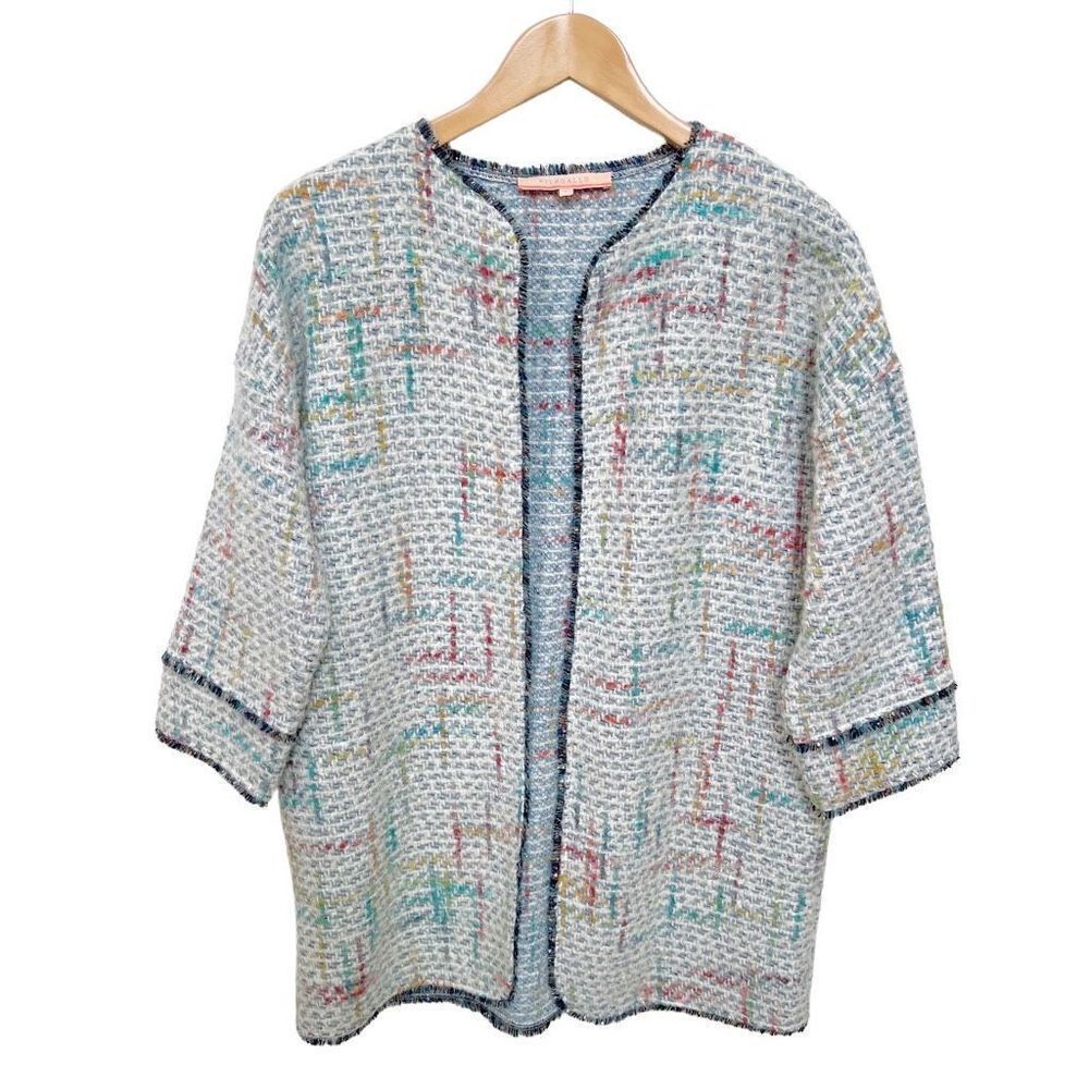 Anthro Vilagallo Knit Tweed Jacket Long Cardigan Sweater Fringe size 42 / US 10